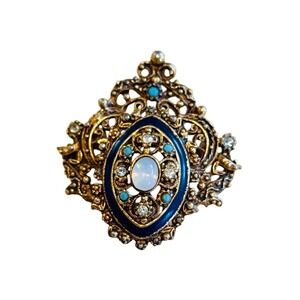 VTG Florenza brooch pin Signed Gold Tone Rhinestone‎ Moonstone Victorian Revival